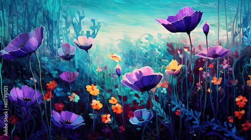 close up warm eye view perspective of wild flower field at night time, Generative Ai