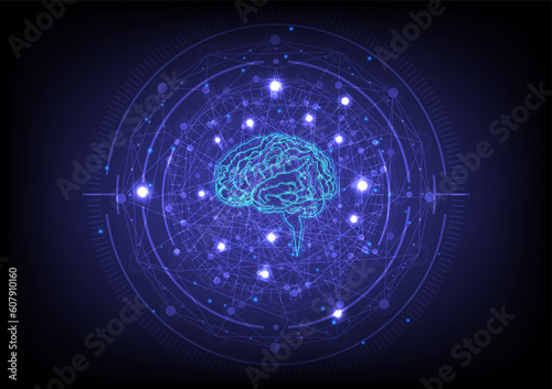 Abstract brain and future technology on blue background. Wording AI (artificial intelligence) with circuit design.
