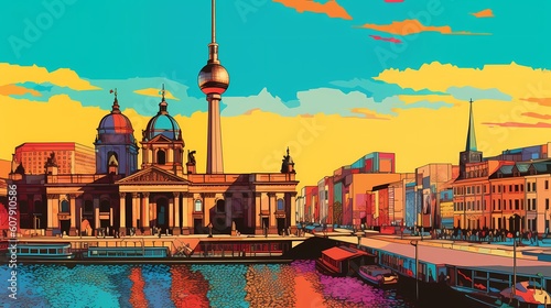 The sun illuminates Berlin's bustling streets, casting a warm glow on its iconic landmarks, vibrant colors adorning the facades and adding a touch of whimsy to the city's architectural marvels.