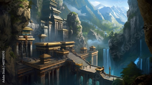 art illustration of ancient gigantic stronghold on mountain peak among natural scenery, Generative Ai