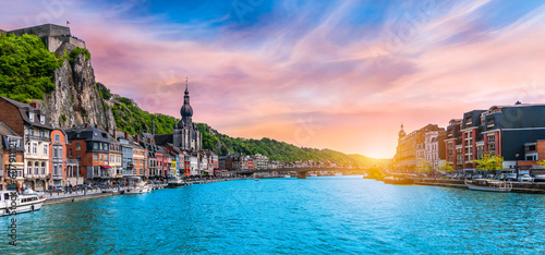 Dinant Belgium skyline at dusk. Panoramic view. photo