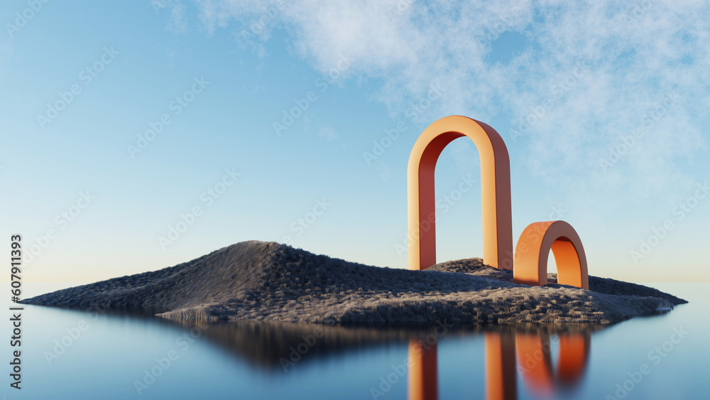 Fototapeta premium 3d render Surreal shaggy surface Grassland mountain landscape background in minimal concept, abstract fantastic dune, panoramic, futuristic beauty meadow. copy space, blue sky and cloudy