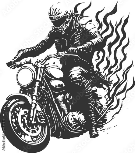 The rider and his lowride motorcycle are stylized in black and white. Racing-themed design for clothing design
