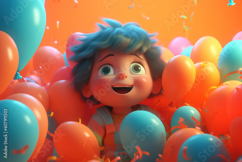 Celebration, children's birthday. Volumetric doodle illustration of Generative AI. Cute funny cheerful child with blue hair in holiday balloons