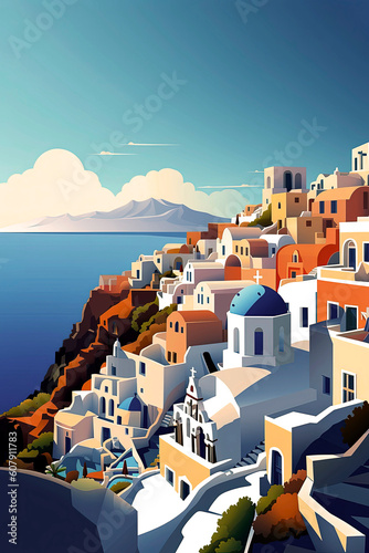 Generative AI illustration of a typical Mediterranean seaside resort town on a sunny day viewed from above in illustration style.