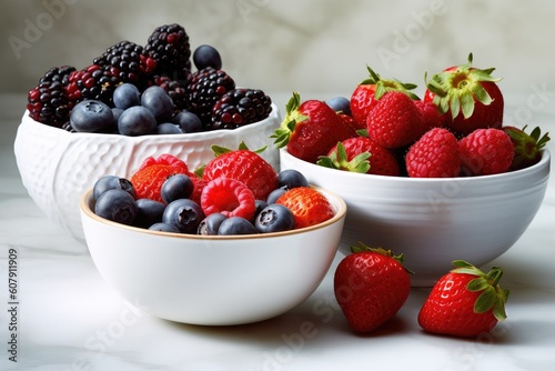 Different types of berries including strawberries  blackberries  raspberries and blueberries assorted in several small bowls  light background  nordic style