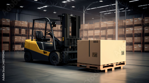 Large warehouse with machinery forklift with box on pallet, logistic interior