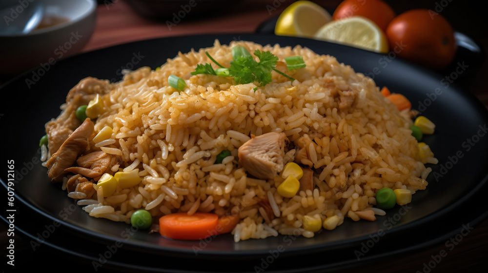 Indonesian simple chicken fried rice on the plate, some white crackers as garnish, freshly cooked, appetizing, delicious food photography Indonesian simple chicken fried rice on the plate, some white crackers as garnish, freshly cooked, appetizing, delicious food photography