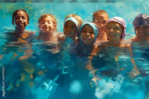 group diverse chidren at swimming pool. Neural network generated in May 2023. Not based on any actual person, scene or pattern. Generative AI photo