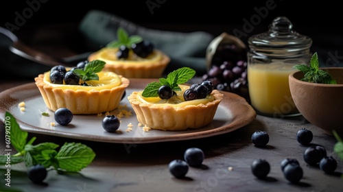  close up blueberry tart on wooden table, Generative Ai
