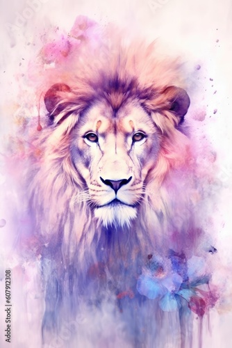 dreamlike watercolor lion print where the lion appears almost mystical. soft, pastel colors like lavender, blush pink, and pale blue to create a serene and otherworldly atmosphere. © PinkiePie