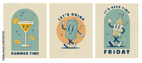 Set of retro cartoon funny characters posters. Vintage drink vector illustration. Martini coctail, beer, soda can mascot. Nostalgia 60, 70s, 80s