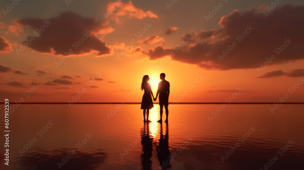Sunset Embrace: Young Couples Silhouetted on the Beach. Generative AI