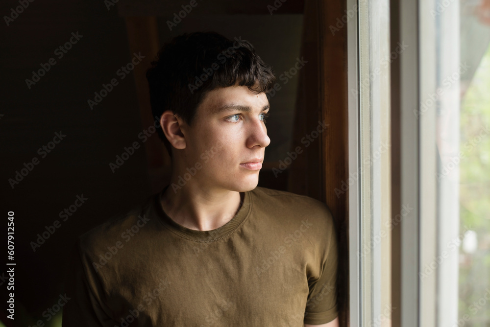 Naklejka premium Standing in front of the window and thinking, a young 18-year-old dreams, chooses whether to study or work. Portrait of a charismatic serious guy
