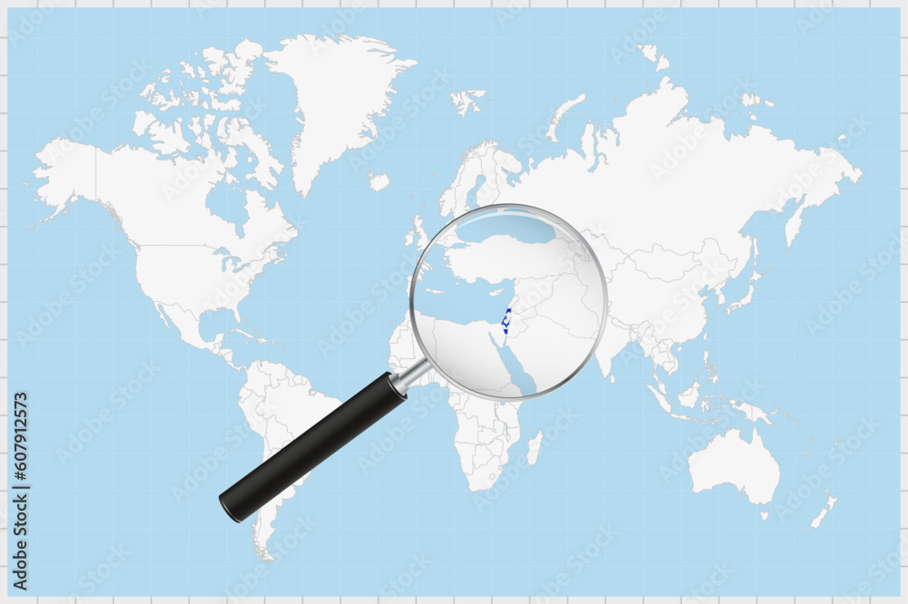 Magnifying glass showing a map of Israel on a world map. Magnifying glass showing a map of Israel on a world map.