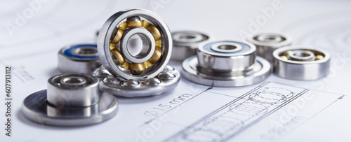 bearings of different types, micrometer, caliper and ruler on the drawings of technical products. Technologies and engineering.