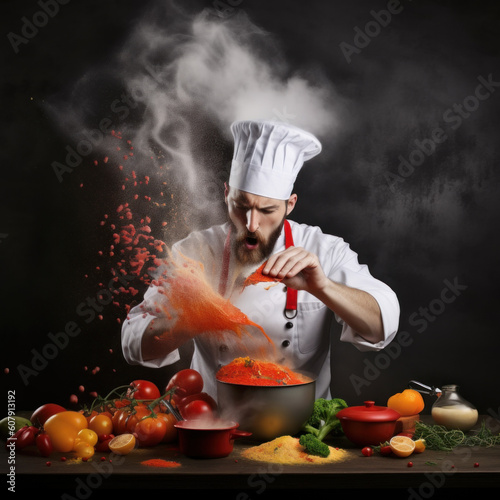 Dynamic Master Chef in Action, Showcasing Culinary Artistry with Airborne Food Elements, Photo Art Created with Generative AI and Other Techniques