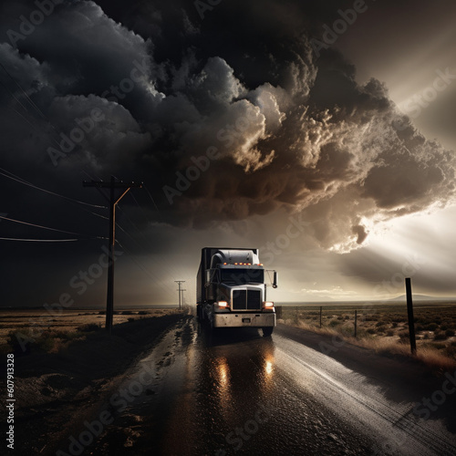 Powerful Semi Truck Braving Stormy Skies on Wet Road - Photo Art Created with Generative AI and Other Techniques