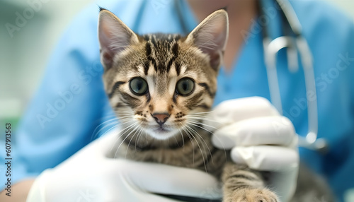 Veterinarian examining a cat in a veterinary clinic, closeup. Generative Ai photo
