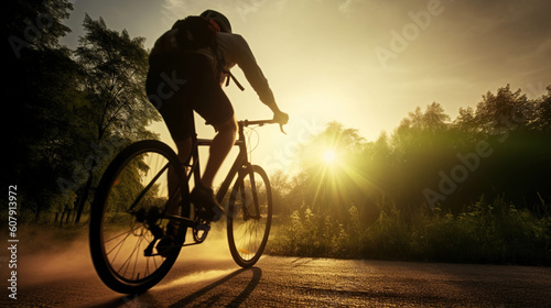 A man riding his bike at sunrise, soft warm lighting, Generative AI
