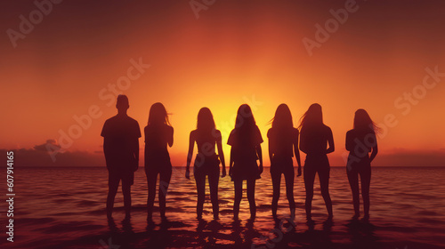 Sunset Soiree: Silhouettes of Young People Embracing the Beach Party Vibes. Generative AI