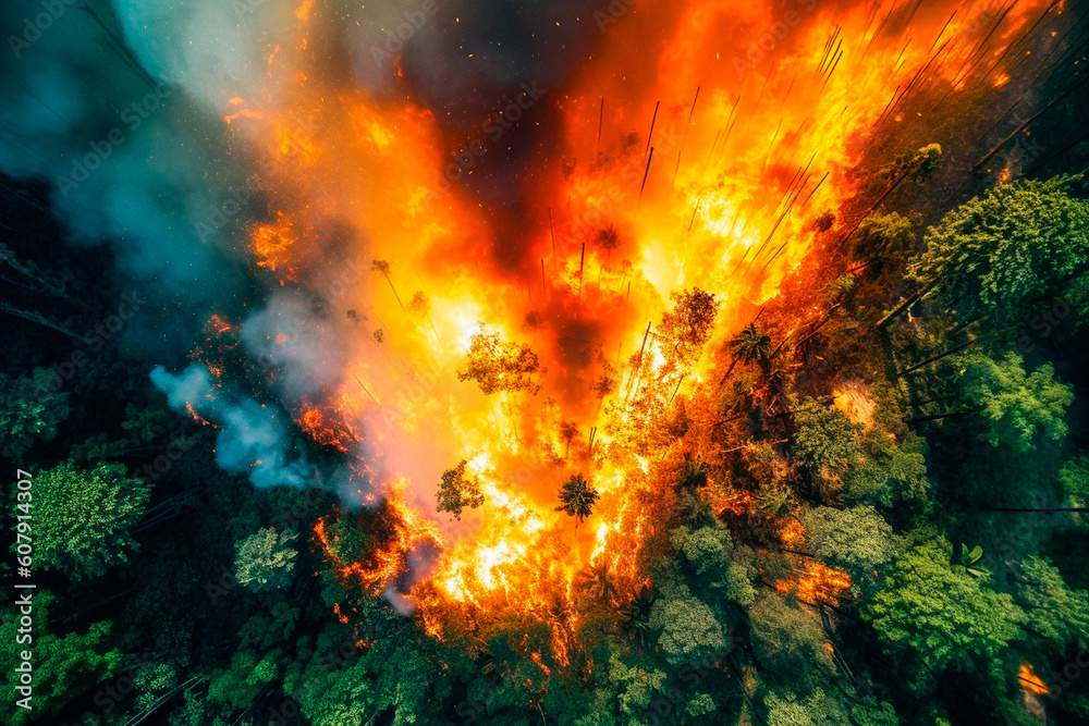 Aerial view of a lush forest on fire