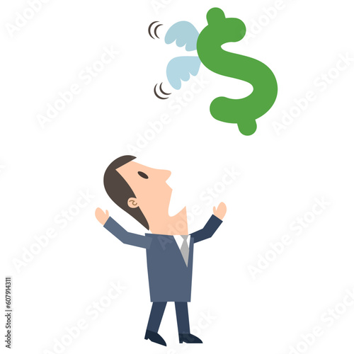 Shocked businessman with flying away dollar sign. Financial concept vector illustration