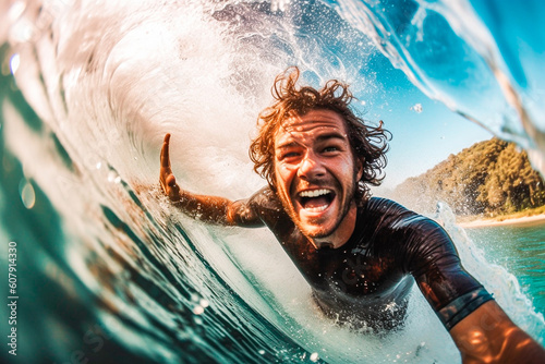 Surfer taking a selfie in the tube of a wave and falling