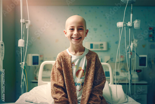 Bald boy smiling in cancer hospital bed