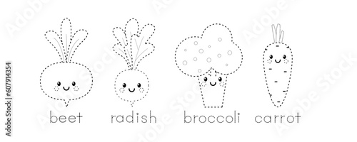 Colouring pages: vegetables. Cute radish, broccoli, beet and carrot.