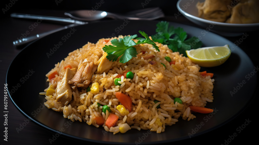 Indonesian simple chicken fried rice on the plate, some white crackers as garnish, freshly cooked Indonesian simple chicken fried rice on the plate, some white crackers as garnish, freshly cooked
