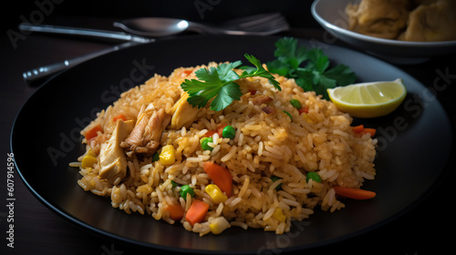 Indonesian simple chicken fried rice on the plate, some white crackers as garnish, freshly cooked