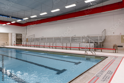 Public interior swimming pool / natatorium with tile lane lines.	