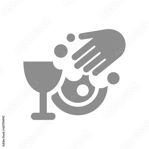 Hand washing dishes vector icon. Dish, plate and glass with soap bubbles cleaning.