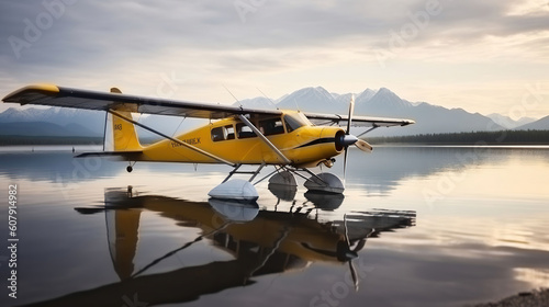 Private hydroplane aircraft parked in water airport on the lake in Alaska