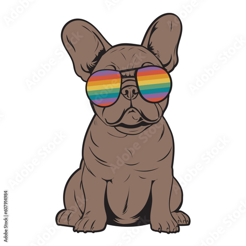 dog illustration of english bulldog wearing rainbow sunglasses pride flag rainbow lesbian gay trans june pride month t shirt graphic diversity lgbtq rights rainbow flag