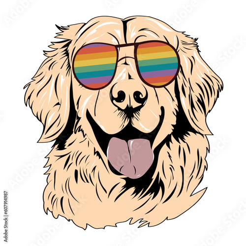 dog illustration of a golden retriever wearing rainbow sunglasses pride flag rainbow lesbian gay trans june pride month t shirt graphic diversity lgbtq rights rainbow flag