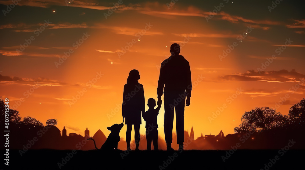 Silhouette of a Happy Family and Dog Against the Setting Sun. Generative AI