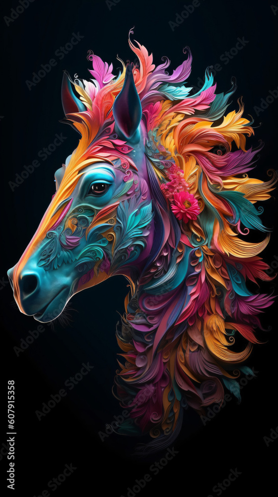 colorful horse head with long, Generative Ai