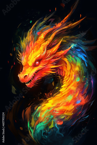 colorful dragon with flames coming out of its mouth and eyes, Generative Ai