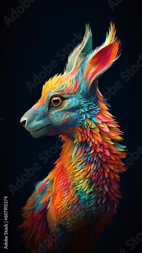 colorful deer with long  flowing hair and a black background  Generative Ai
