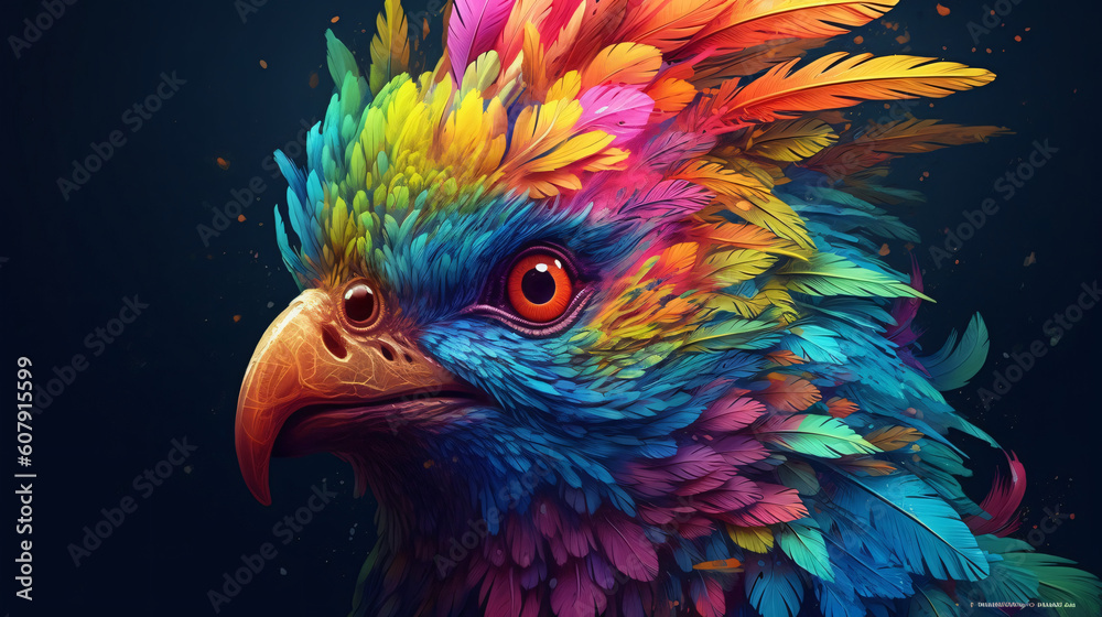  colorful bird with feathers on its head and body, Generative Ai