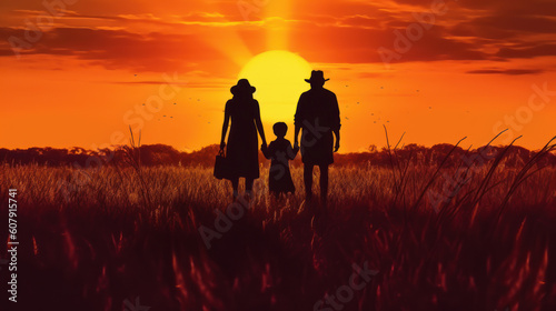 Harmony of Love: Silhouette of a Happy Family in Meadow at Sunset. Generative AI