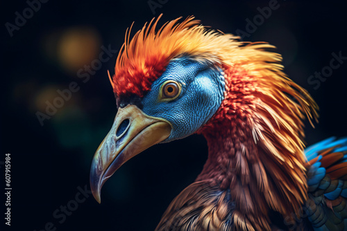 close up of a bird with a brightly colored feathered head and a dark background, Generative Ai