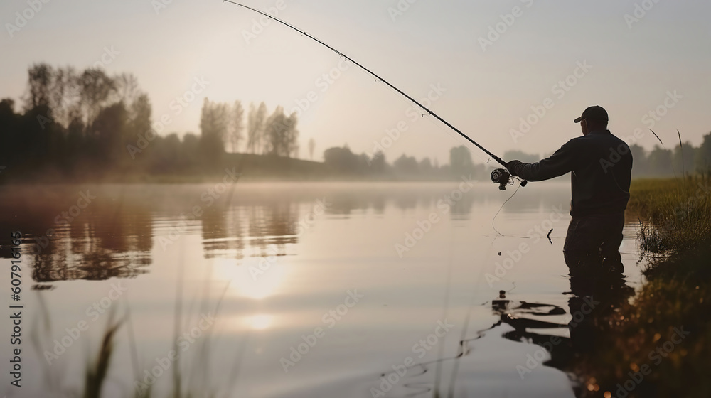 Man catching fish, pulling rod while fishing from lake or pond. Fisherman with rod, spinning reel on river bank. Sunrise. Generative AI