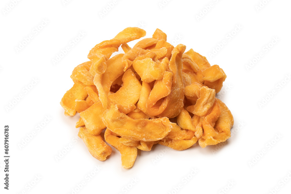 Dried melon slices isolated on a white background.