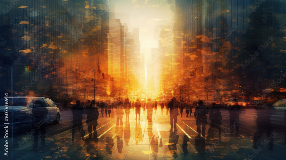 Golden Hour Exodus: Commuters Embracing the Cityscape. Generative AI