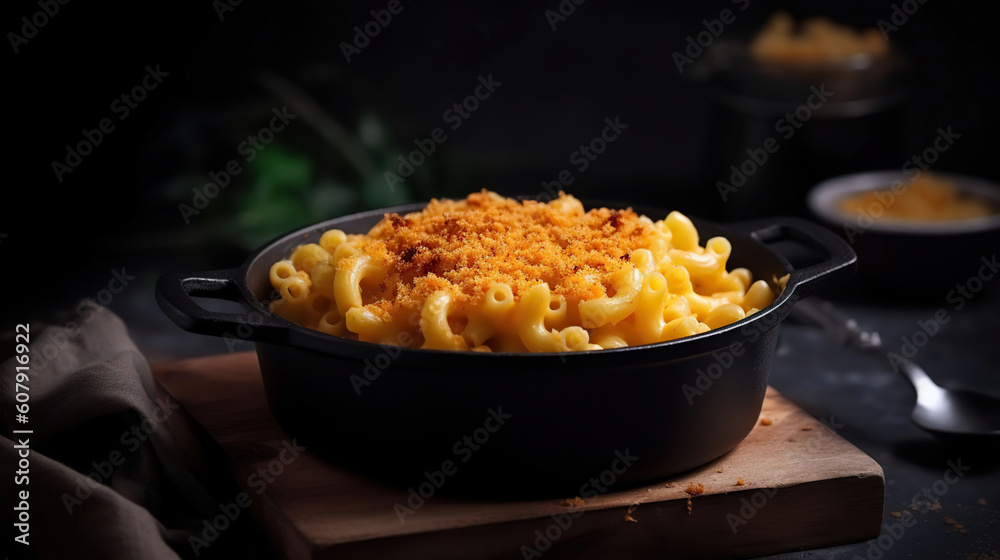 Classic American rustic mac and cheese. Golden baked macaroni with cheddar. Generative AI Classic American rustic mac and cheese. Golden baked macaroni with cheddar. Generative AI