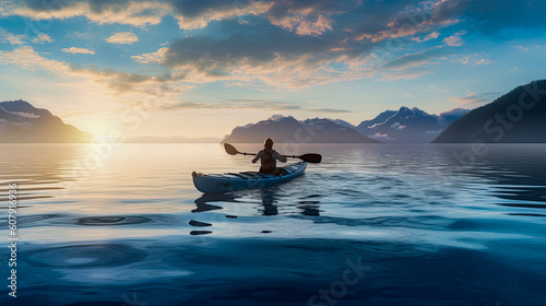 Hombre con Kayak en mar calmado. IA GEnerativa