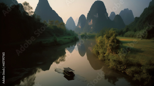 The boat goes down a river in china, in the style of grandiloquent landscapes, light yellow and dark orange, Generative AI photo